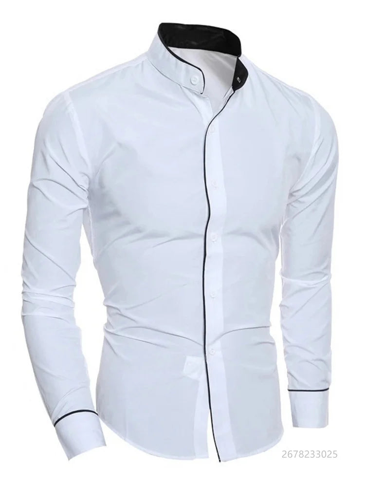 Men's slim fit white long sleeve social shirt by Showlu Fashion Store, high-quality soft fabric, perfect for business casual attire.