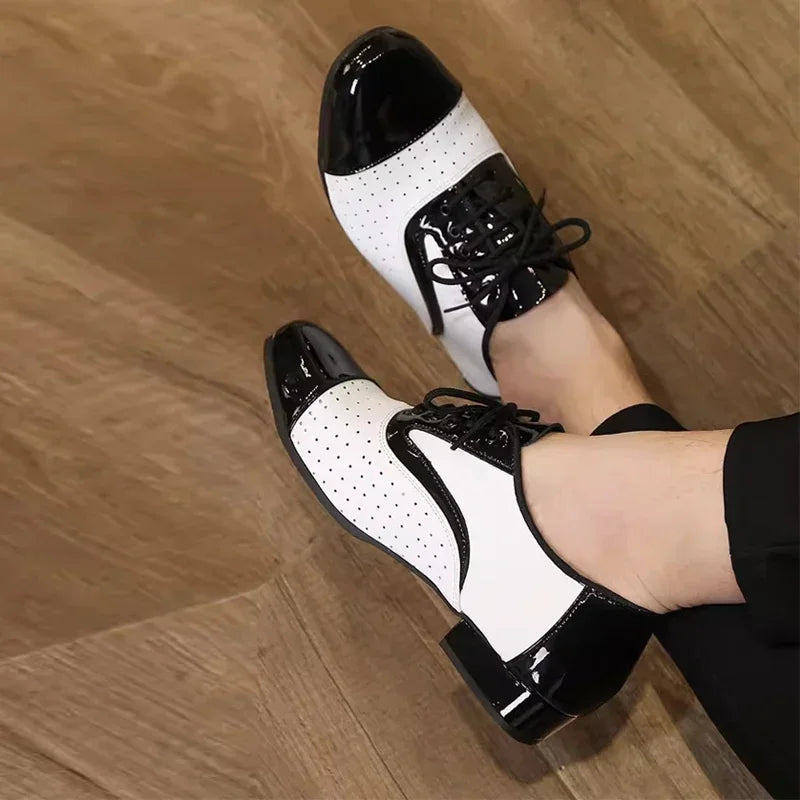 Showlu men's modern dance shoes with soft leather, breathable design, suitable for Latin, jazz, and formal dance styles.
