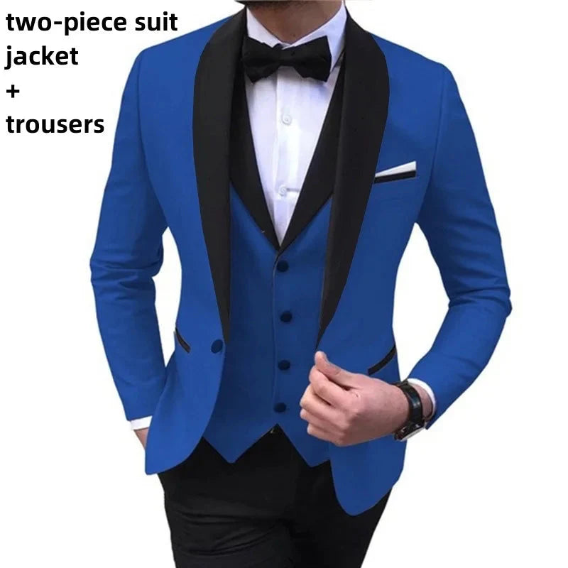Black men's 3-piece slim fit tuxedo suit with shawl lapel, including jacket, vest, and trousers for formal occasions.
