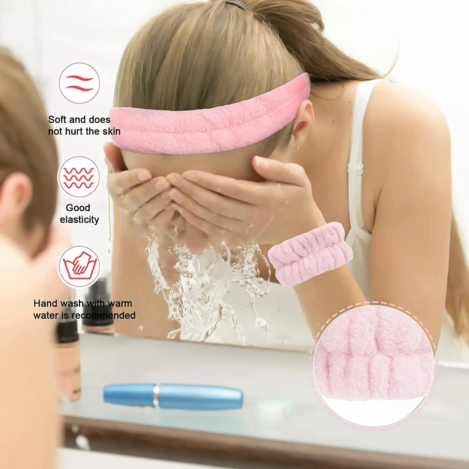 Set of three microfiber washing wristbands and spa puff headbands for face washing, makeup, and skincare by Showlu Fashion Store.