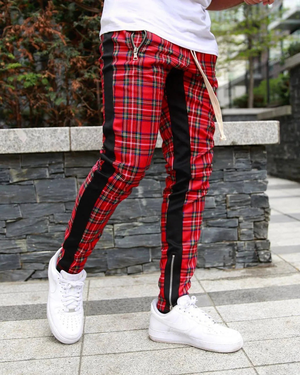 SHOWLU men's plaid slim fit tracksuit pants with zipper bottoms, designed for fitness and casual wear.