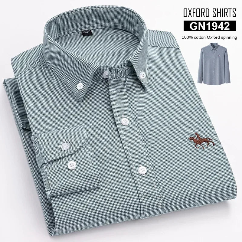 White men's cotton Oxford shirt with long sleeves, embroidery horse design, regular fit, fashion button-up casual dress shirt.