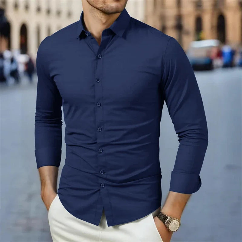 Men's business casual long sleeve solid color shirt by Showlu Fashion, wrinkle-resistant, comfortable, versatile all-season top.