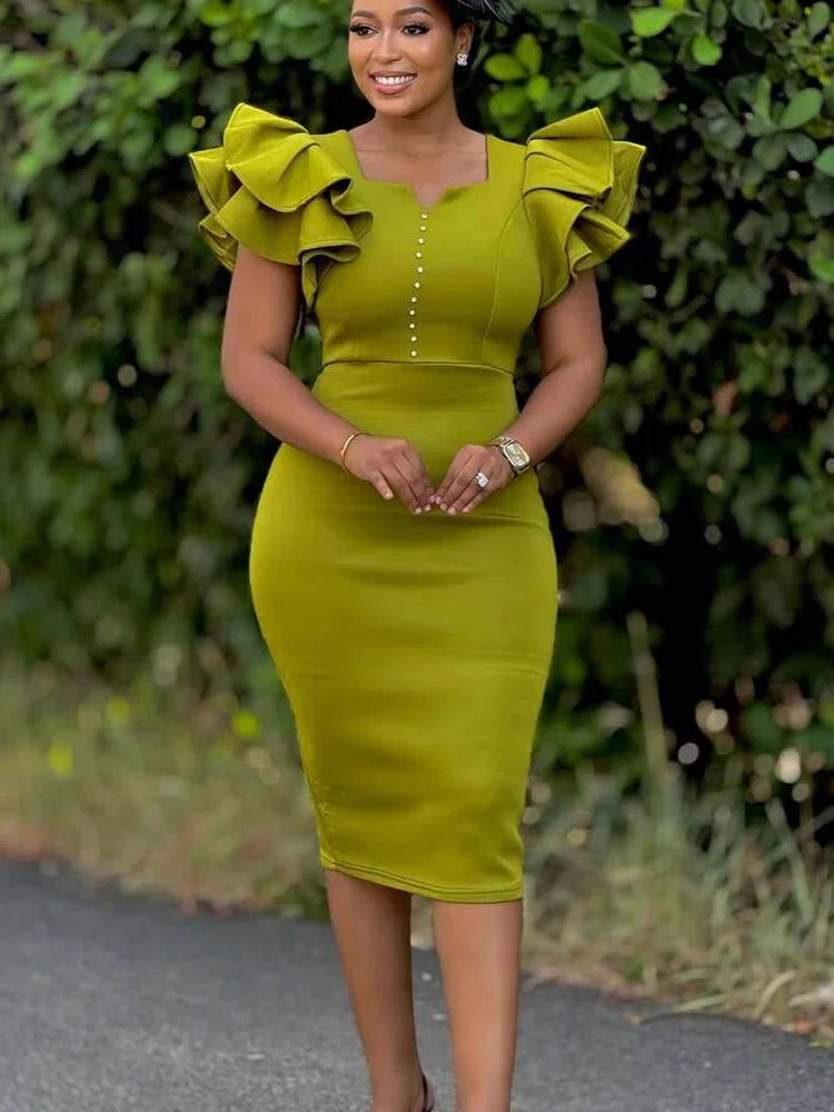 Elegant AOMEI Women's V-Neck Ruffle Sleeve Midi Dress with sheath fit, perfect for parties, featuring a stylish and sophisticated design.