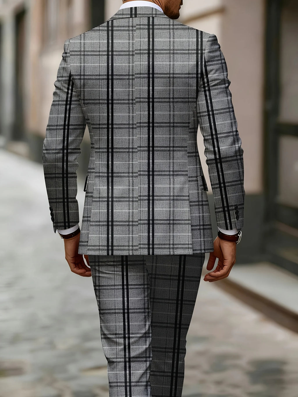 Classic grey plaid men's business casual two-piece suit by 1170uf-he, featuring a tailored blazer and matching trousers.