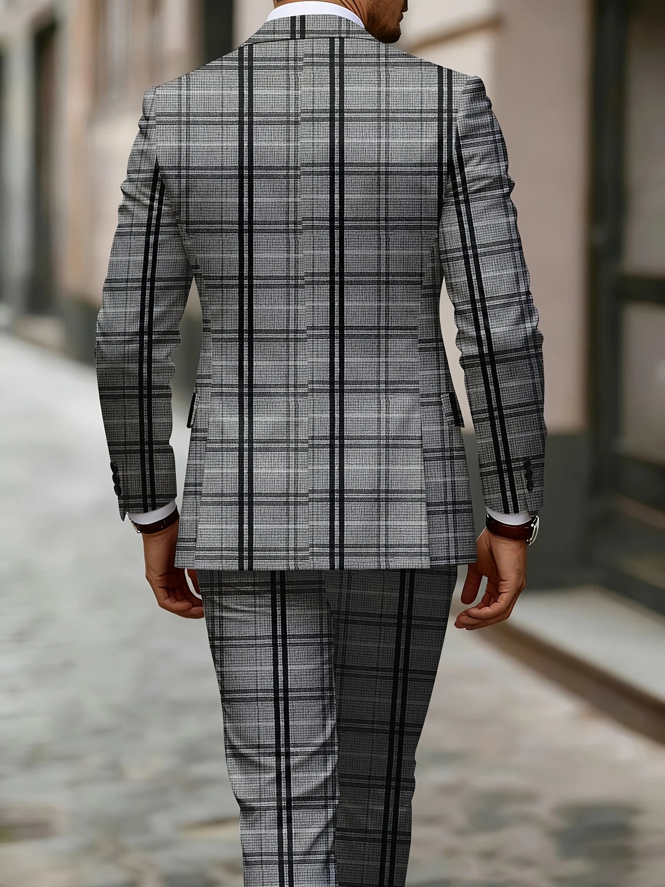 Classic grey plaid men's business casual two-piece suit by 1170uf-he, featuring a tailored blazer and matching trousers.