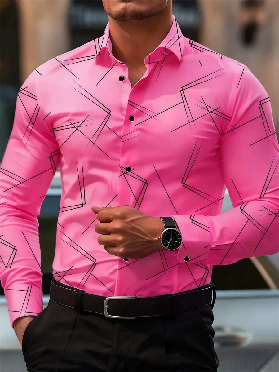 Men's slim fit long-sleeved shirt with geometric line print, business casual style, non-iron, versatile fashion from Showlu Fashion.