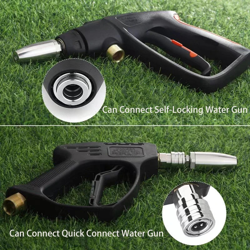 Showlu Smart General Turbo Jet Nozzle attached to a garden hose, demonstrating high-pressure water flow for cleaning tasks.