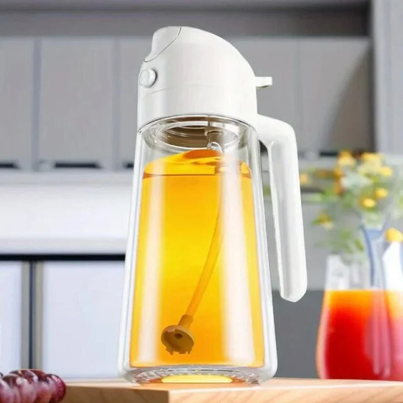 Plastic spray oil dispenser bottle with 2-in-1 design, 500ml capacity, ideal for cooking, baking, grilling, and picnics.
