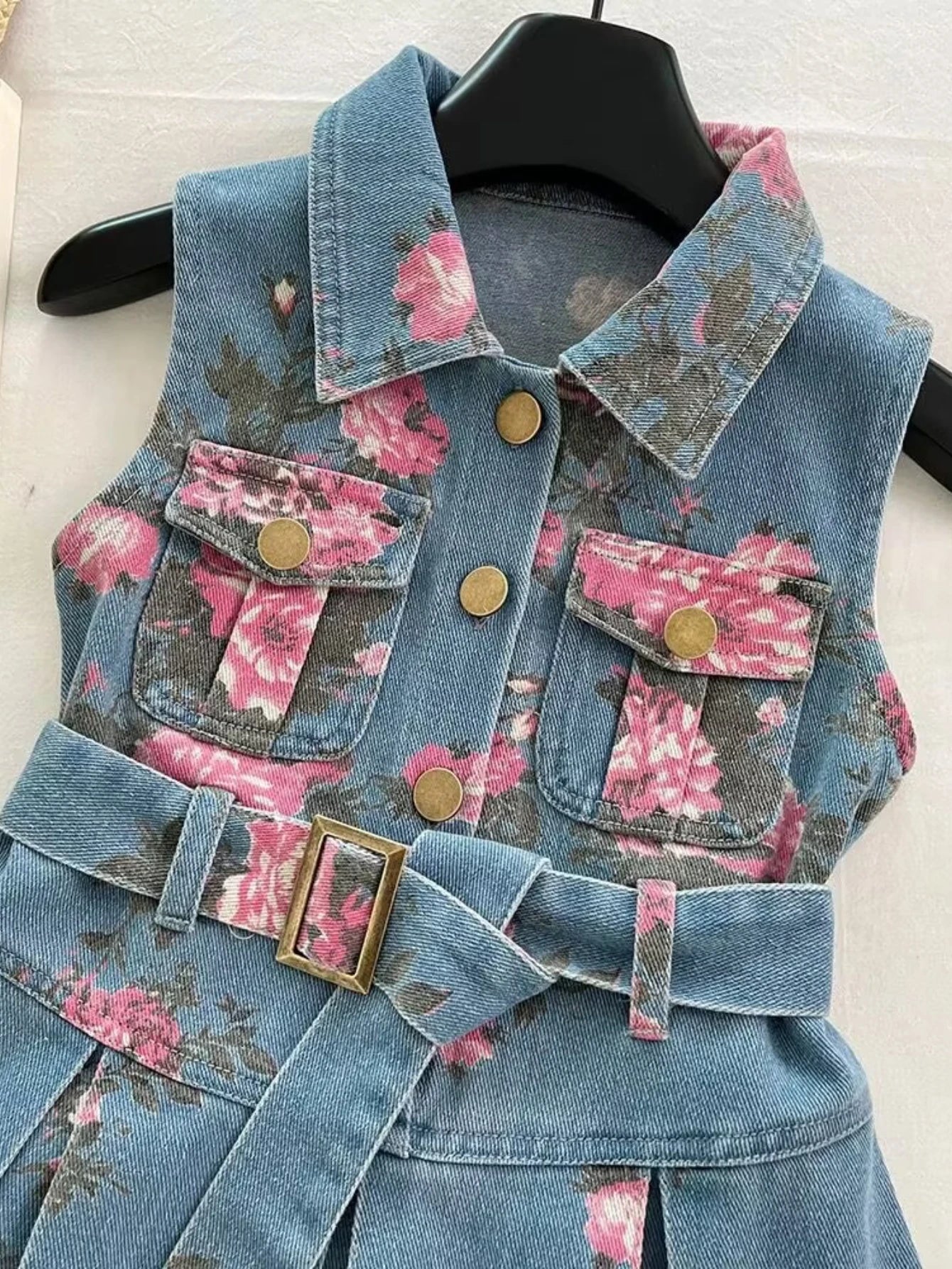 Girls Summer Denim Dress – Floral Print Collar & Belted A-Line Skirt, Korean Style Kids Fashion Princess Dress for Girls