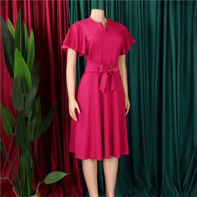 Elegant ILUKiss women's V-neck tie waist midi dress in soft fabric, perfect for summer fashion, shown in a stylish front view.
