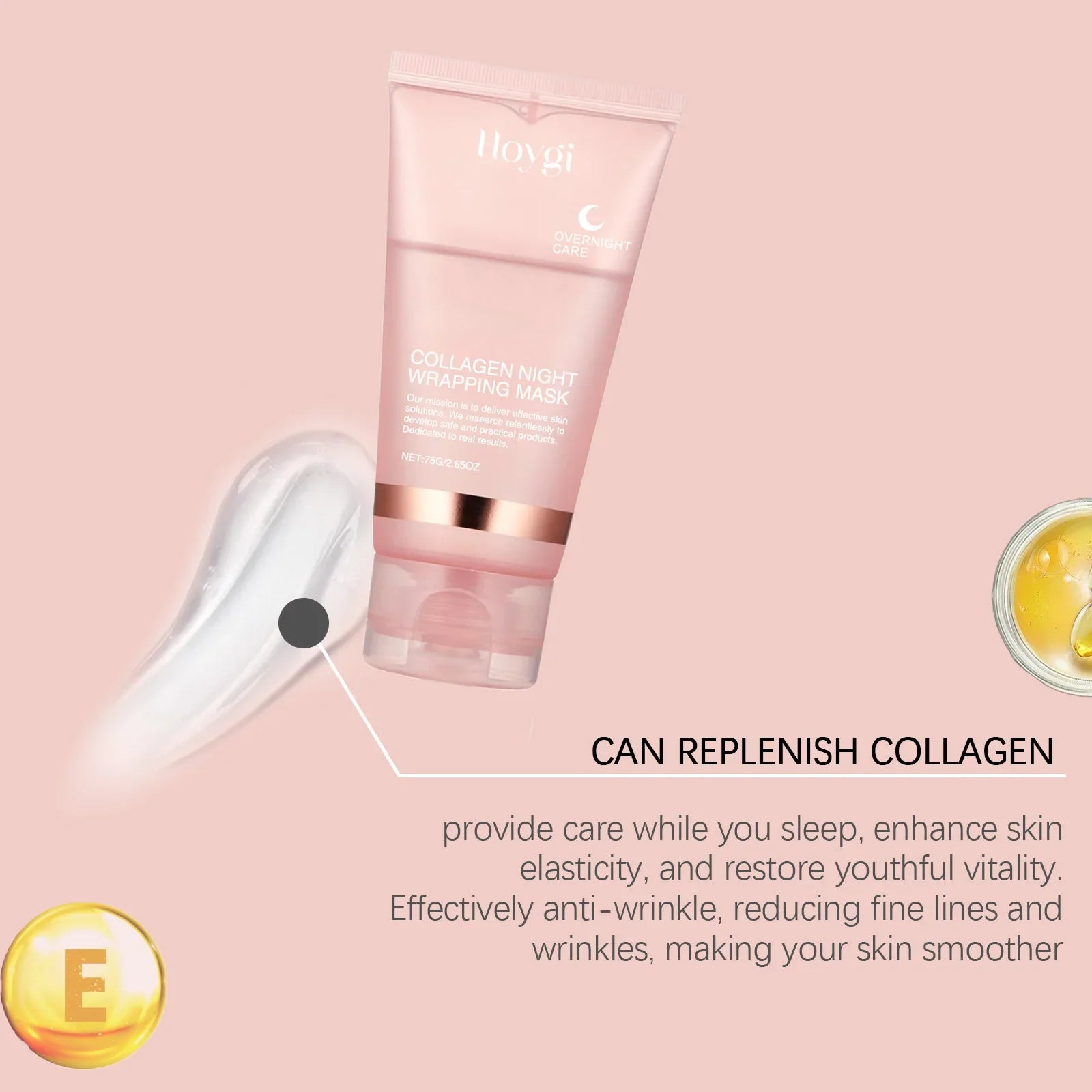 Hoygi Collagen Night Wrapping Peel-Off Mask for firming and moisturizing, shown as a clear gel in a skincare jar.