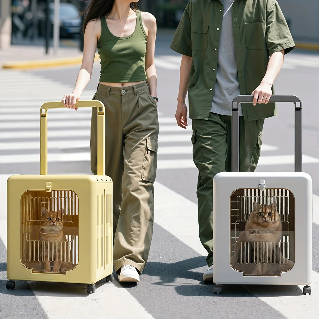 Showlu portable folding pet stroller and airline-approved cat carrier with mesh sides and compact design for easy travel.