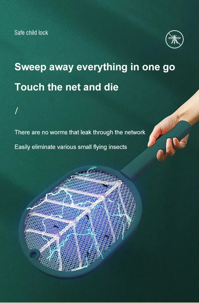 USB rechargeable electric mosquito swatter racket by Showlu Smart General, with a black handle and metal grid for insect zapping.