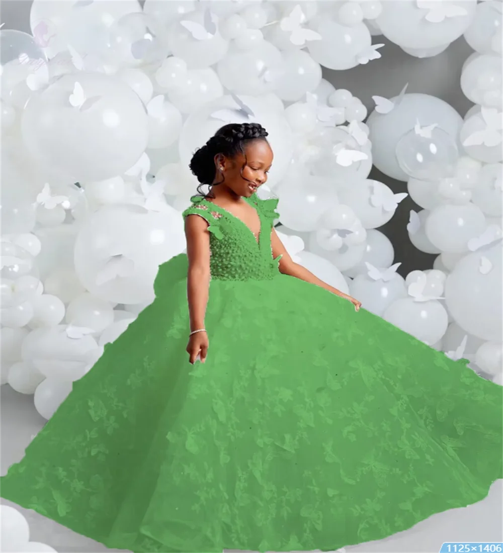 White V-neck Luxury Flower Girl Dresses For Wedding Butterfly Appliques Pearl Child Birthday Party First Holy Communion Gown