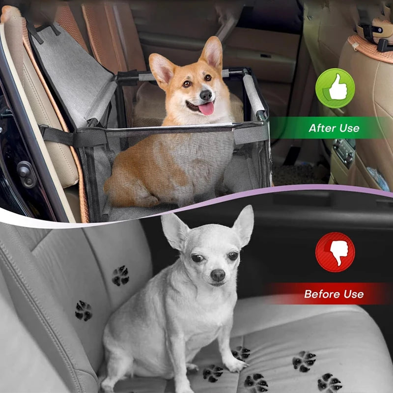 Showlu Fashion breathable nylon dog car seat cover in a folded pet hammock position, designed for vehicle safety and comfort.