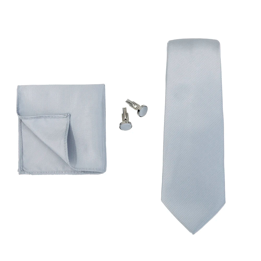 Solid color men's tie and handkerchief set with jacquard weave, includes cufflinks, suitable for formal weddings and business suits.