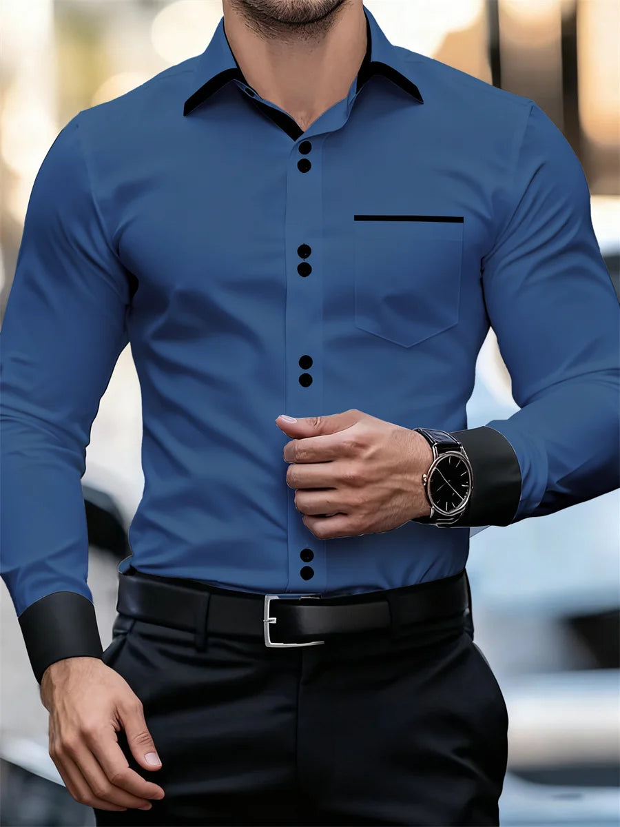 Men's black and white color block collar long sleeve slim fit shirt with patchwork design, wrinkle-free men's fashion top