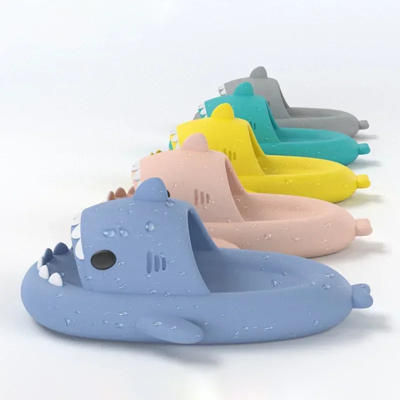 SHOWLU Shark slippers for kids and adults, blue anti-skid summer slides with shark design, casual open-toe footwear