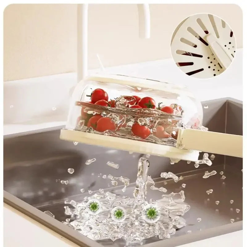 Showlu folding fruit drain basket and vegetable dehydrator storage box, made of plastic with a mesh design for drying and storage.