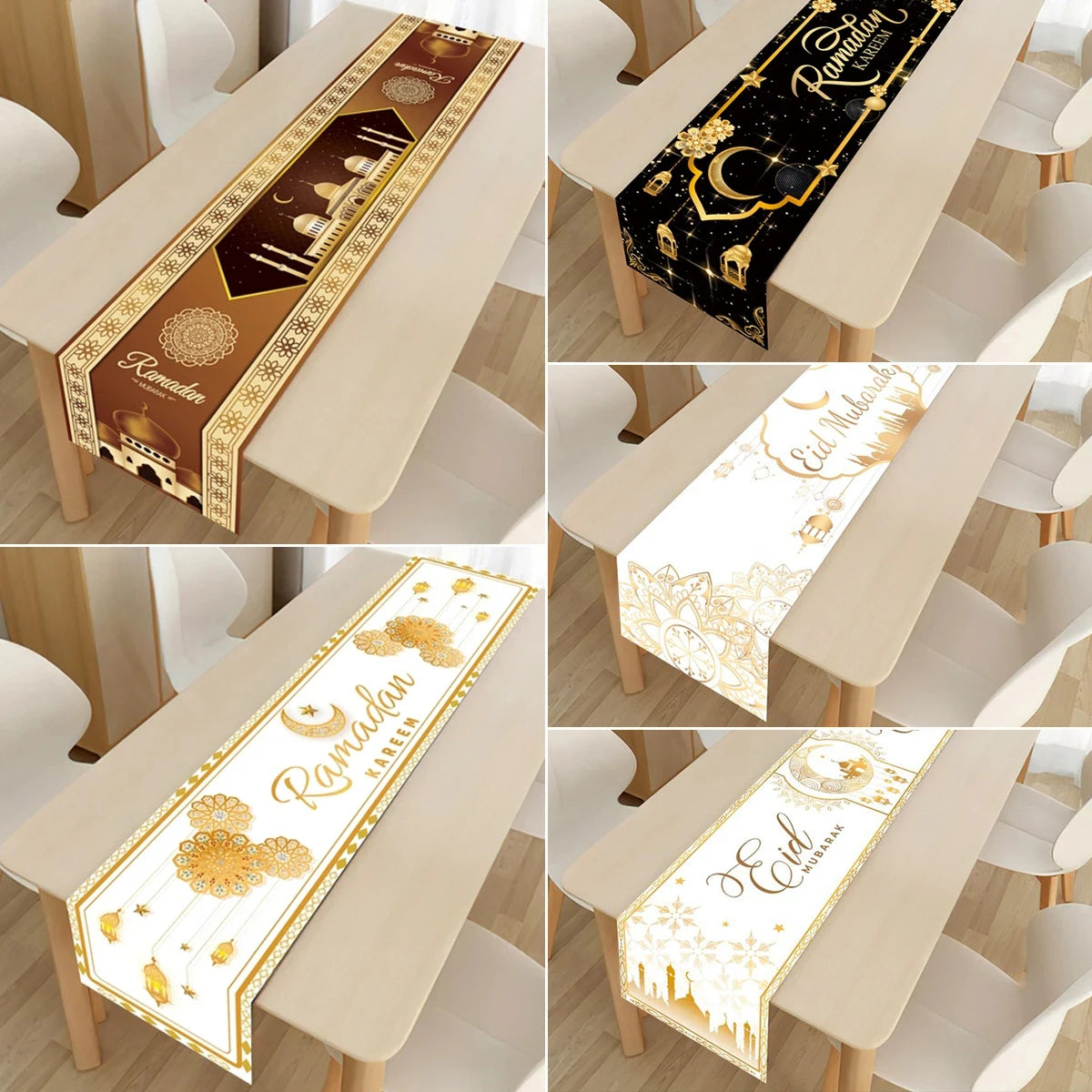 Ramadan decoration table runner with "EID Mubarak" design for home Eid al-Fitr celebrations, featuring Islamic motifs and festive style.
