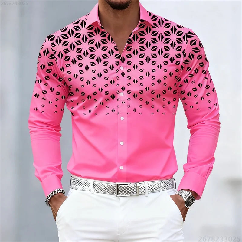 Men's long sleeve geometric pattern print shirt in 17 colors, slim fit, casual style by Showlu Fashion Store.