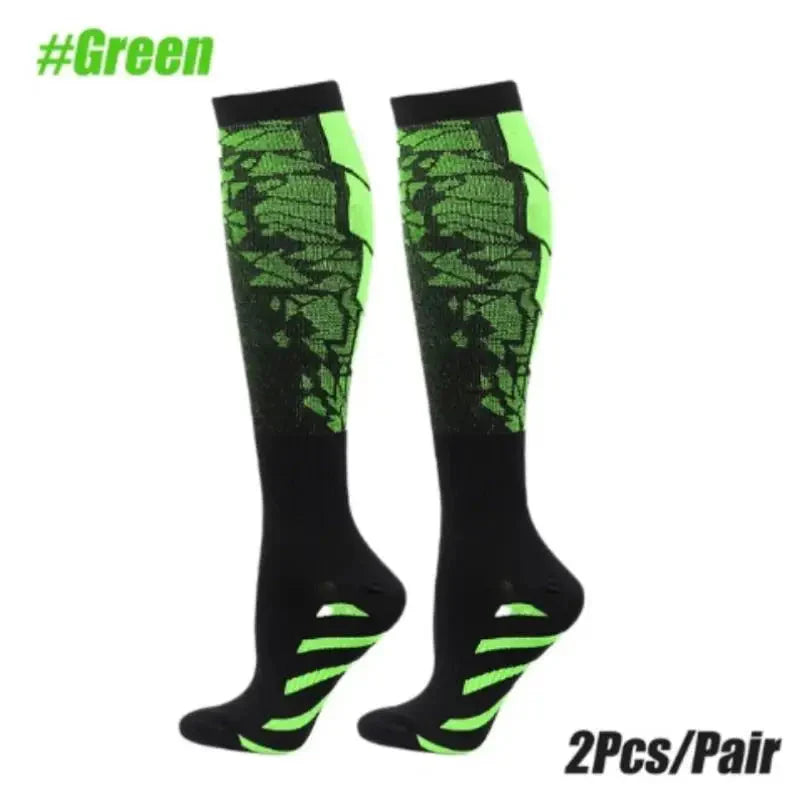 Showlu knee-high compression sports socks in nylon, designed for calf support and running performance.