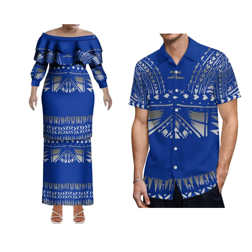 Elegant Polynesian Samoa Hawaii slim women’s ruffle collar fishtail dress, soft summer evening garden party attire.