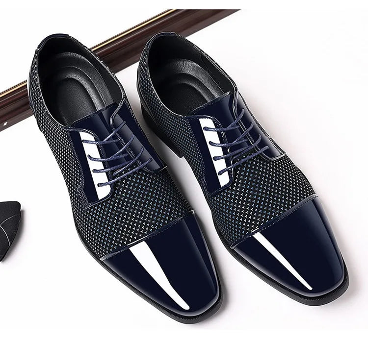 Showlu Fashion Men's patent leather dress shoes with pointed toe design, formal Oxford style for elegant men's footwear.