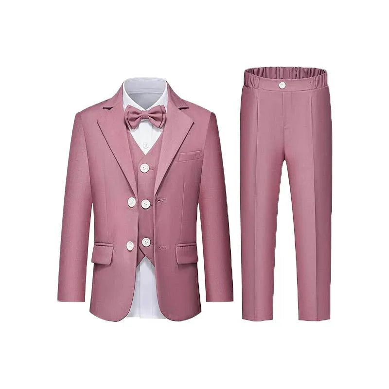 Pink boys' formal suit by LUOBOBEIBEICN, includes jacket, vest, pants, and bowtie, perfect for special occasions.