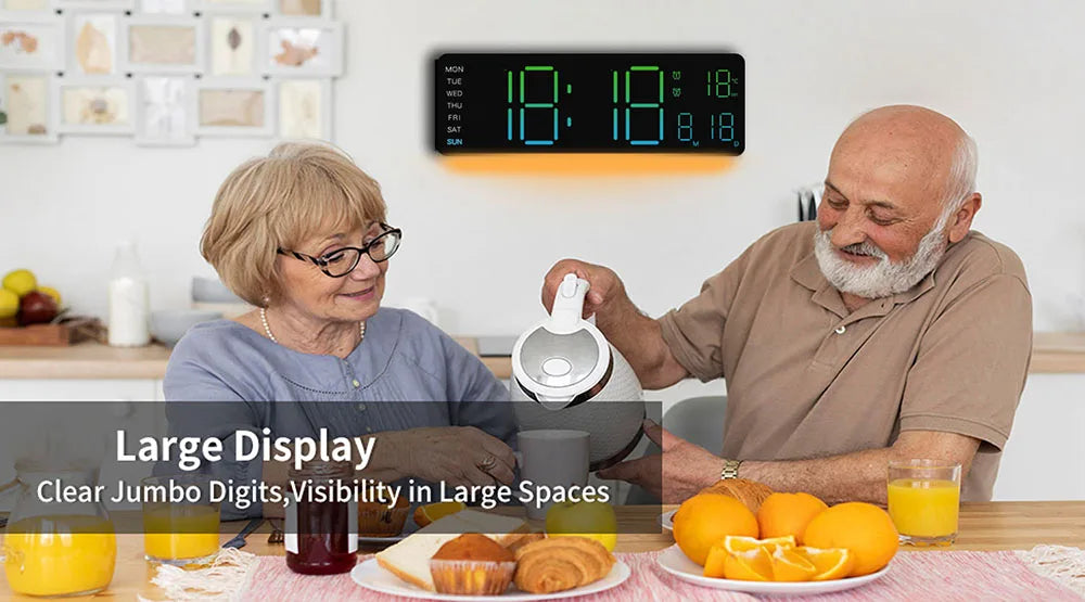 Showlu Smart 13-inch LED digital wall clock with RGB night light, featuring clear time display and adjustable colorful lighting.