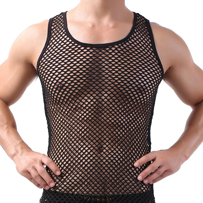 Men's hollow out mesh tank top by Showlu Fashion, breathable sleeveless undershirt with a stylish hollow design and sleeveless fit.