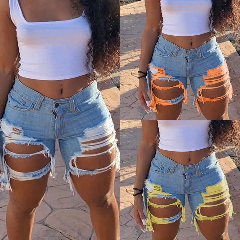 SHOWLU Women's ripped denim shorts featuring high street style, cotton fabric, and a sexy, trendy fit.