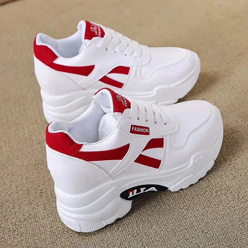 Showlu Fashion women's platform chunky sneakers with lace-up design and PU leather construction, stylish and comfortable footwear.