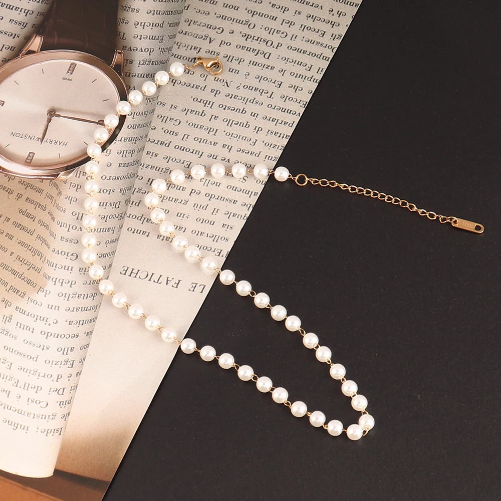 Stainless steel pearl choker necklace for women with white imitation pearls and delicate clavicle chain, elegant jewelry accessory