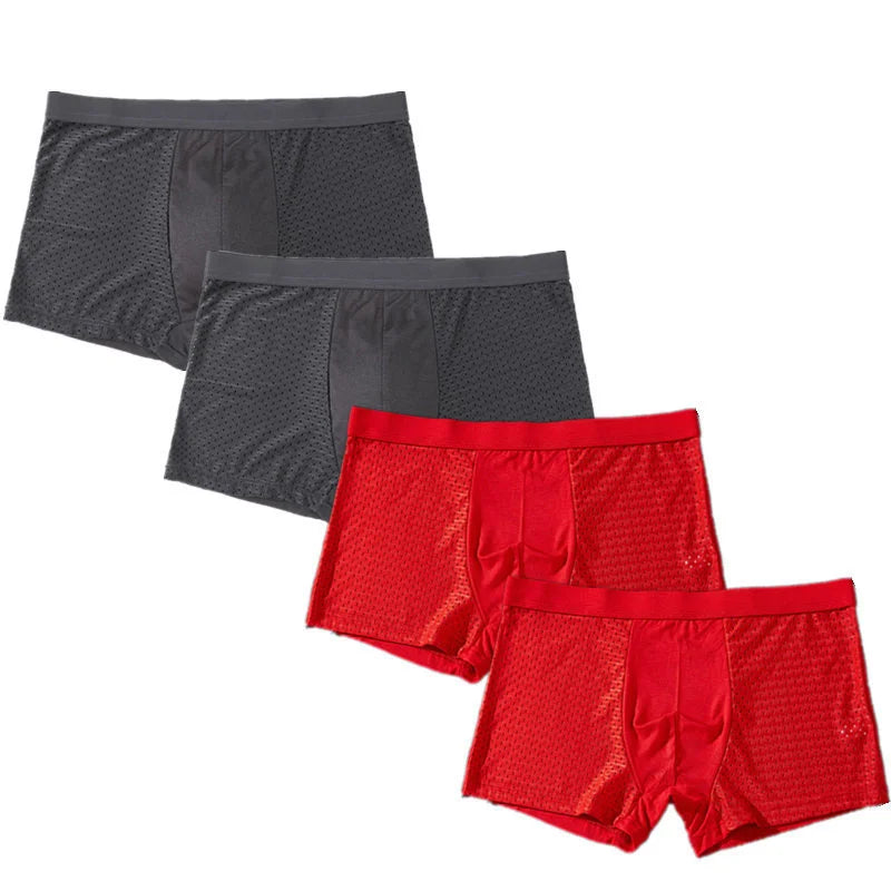 Showlu men's ice silk boxer briefs in a 4-pack, breathable mesh underwear with a comfortable fit and smooth texture.