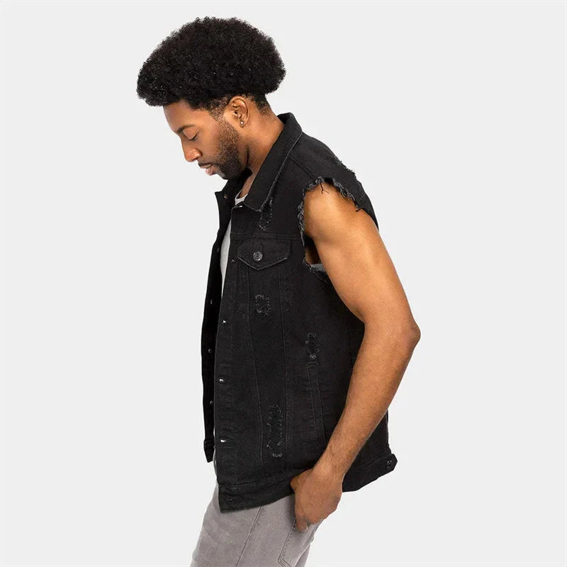 Soniaox men's denim vest with western cowboy style, raw cut edge waistcoat, featuring classic blue denim and Western-inspired design.