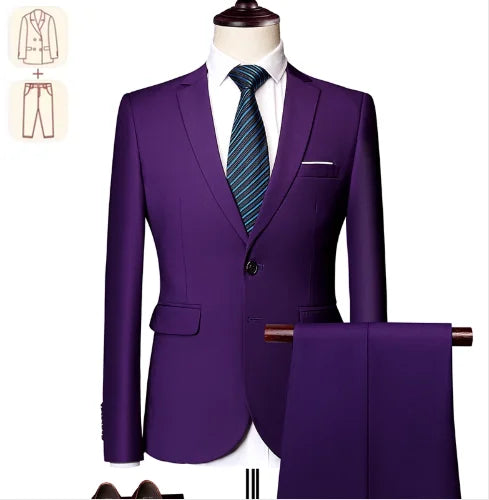 Men's black business casual suit set with formal tuxedo style, featuring a solid color design for weddings and parties.