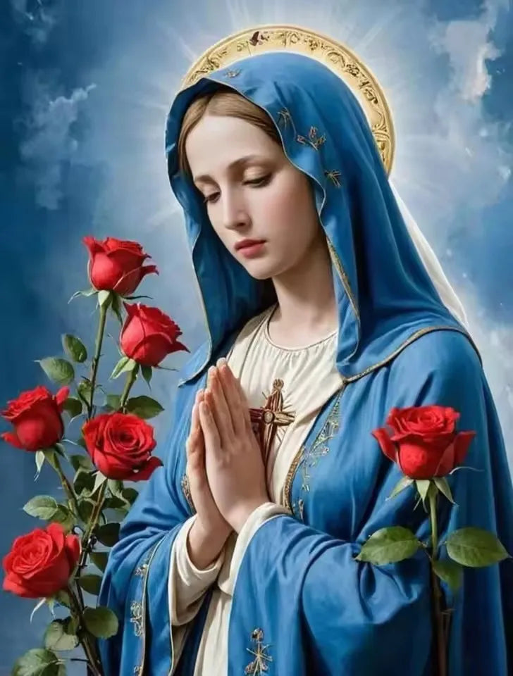 Beadslove Virgin Mary and Jesus 5D diamond painting kit featuring full drill with colorful beads and intricate religious artwork.