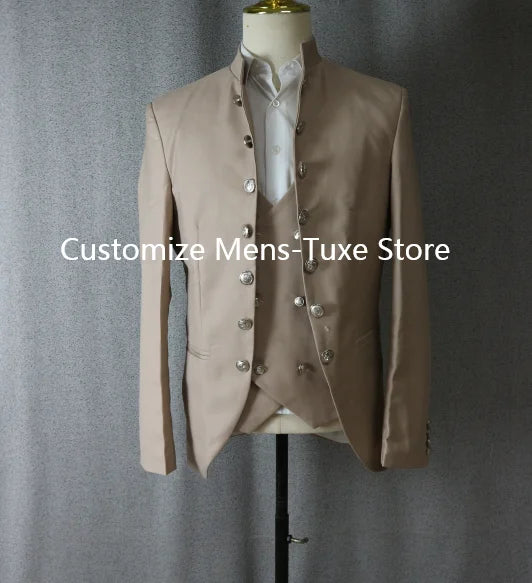 Beige men's 3-piece suit with stand collar, double-breasted design, slim fit, formal and wedding tuxedo by Showlu Fashion.