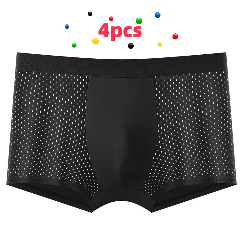 Showlu Men's breathable mesh boxer shorts in a 4-pack, solid underwear with comfortable waistband and lightweight, breathable fabric.