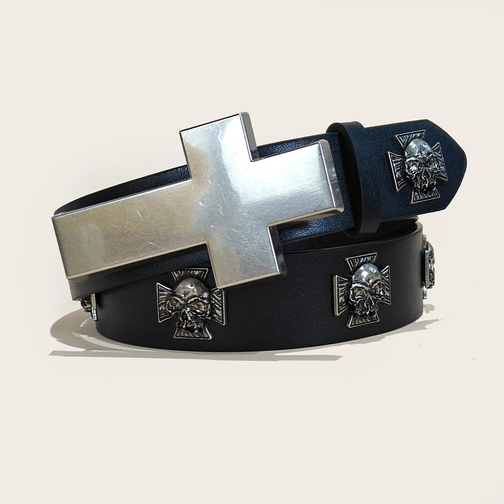 Punk men's bohemian style leather belt with personalized gothic rock design, suitable for jeans, dresses, and casual wear.