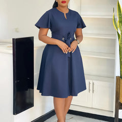 Women's plus Size Swing Dress Summer 2025 Fashion Temperament Solid Color Lace-Up Short-Sleeved Elegant Casual Maxi Dress