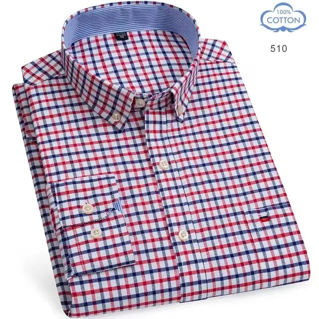 Men's long sleeve plaid cotton Oxford shirt with red and striped pattern, designer checked shirt in 7XL size.