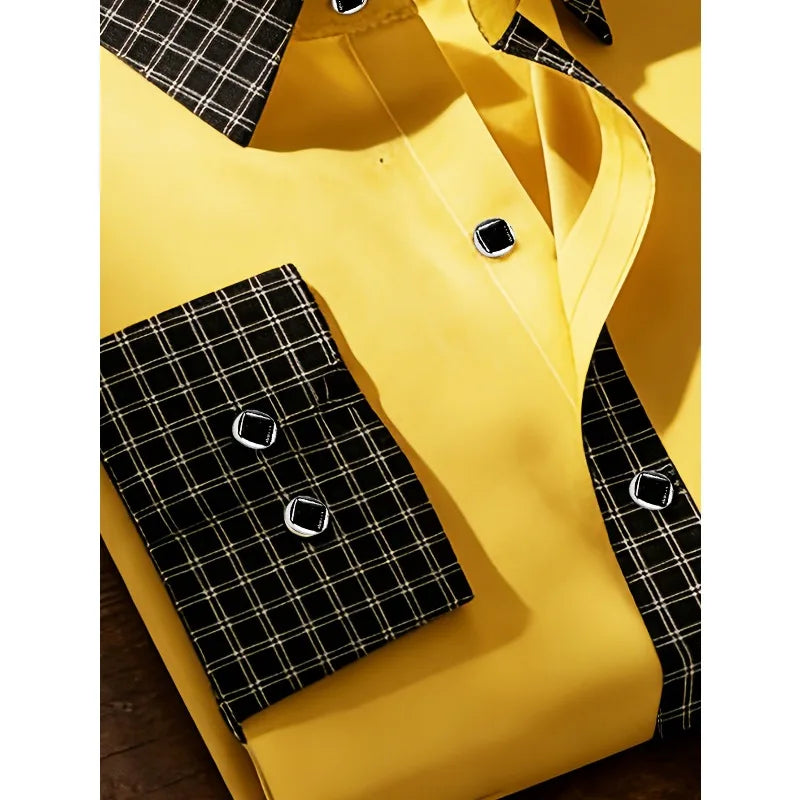 Showlu Smart General men's long sleeve patchwork tuxedo shirt with high street style, elastic fit, ideal for smart casual or business wear.