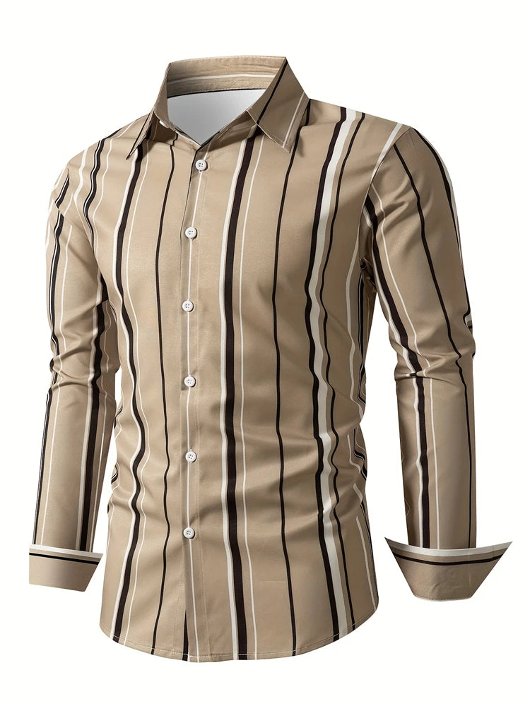 Men's long sleeve shirt with square stripe 3D print, casual animal pattern, button-down design, autumn fashion from Showlu Fashion.