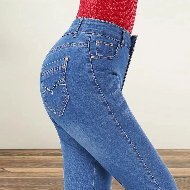 High-waisted straight leg jeans for women in denim, elastic waistband, casual fit, spring and autumn style, Showlu Fashion Store