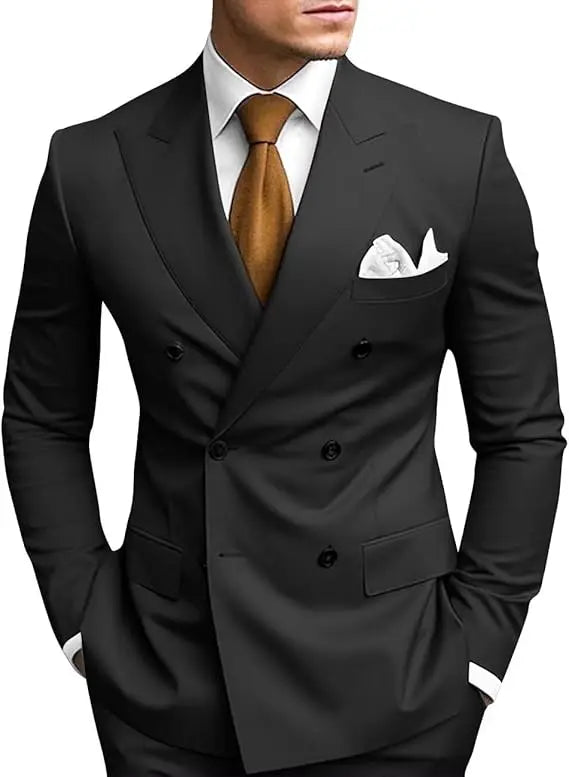 SHOWLU Men's double-breasted slim fit wool blend formal suit jacket displayed on a hanger. Black, tailored, with classic lapels.