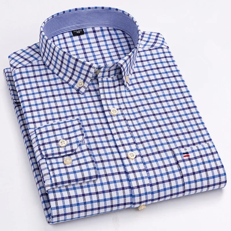 Men's long sleeve plaid oxford casual dress shirt in solid color, oversized 6XL, made of 100% cotton, from Showlu Fashion Store.