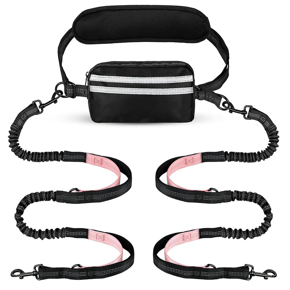 DCLOUD hands-free dual dog leash with pouch for medium and large dogs, shown attached and ready for walking.